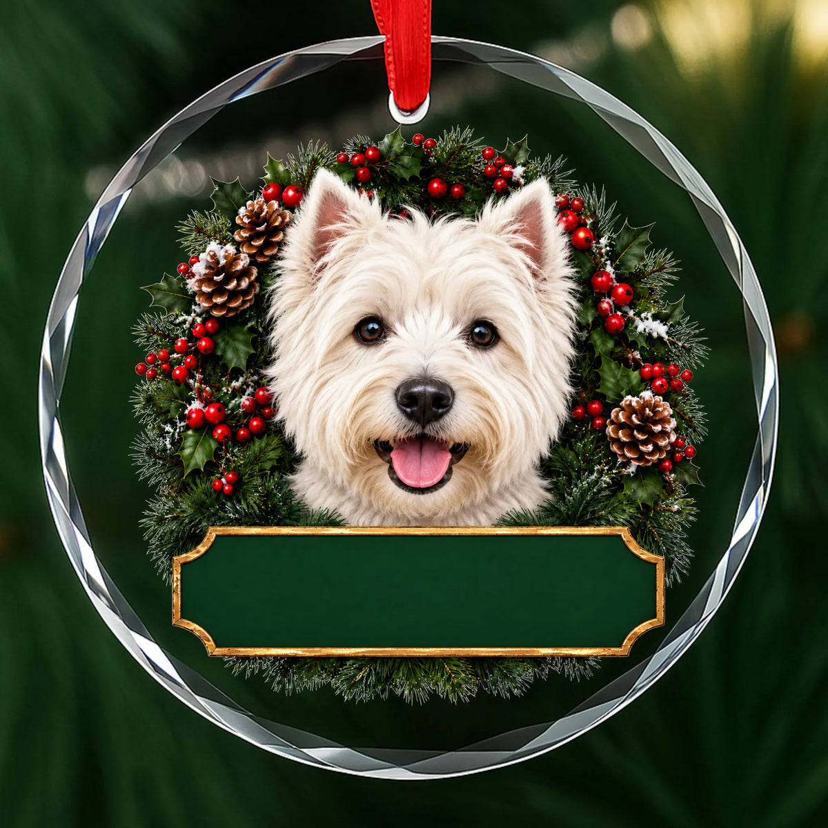 West Highland White Terrier festive wreath glass Christmas ornament with a blank green plaque, ready to personalize