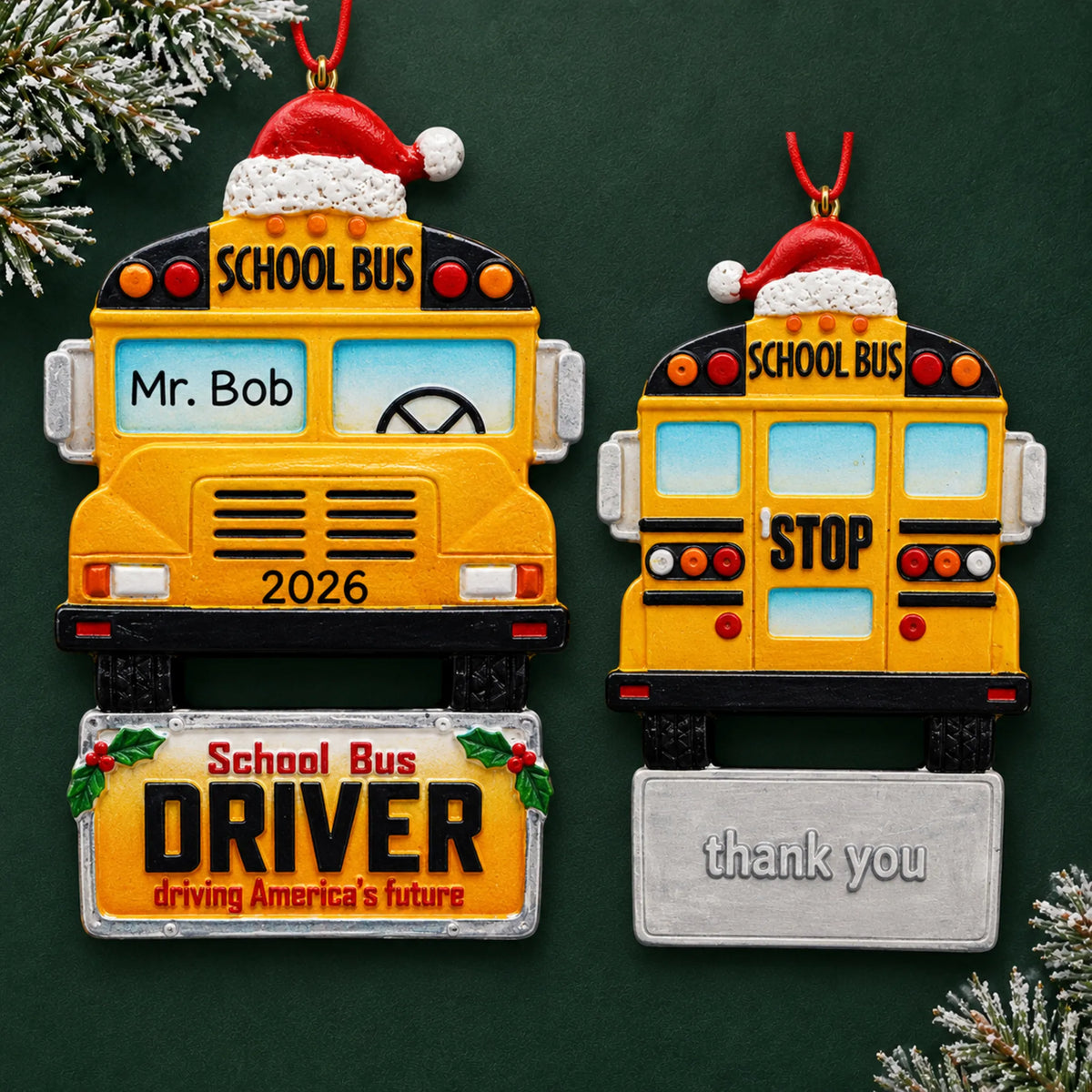 Personalized school bus driver Christmas ornament with name and year, shown on a green holiday background