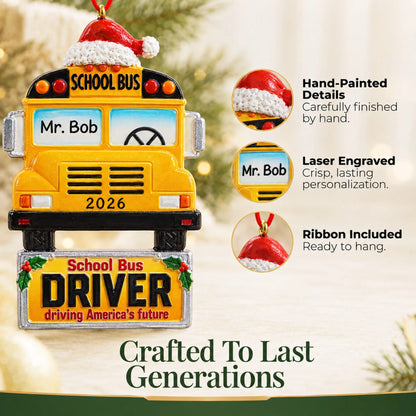 Close-up of the school bus driver Christmas ornament: hand-painted finish, laser engraving, ribbon included
