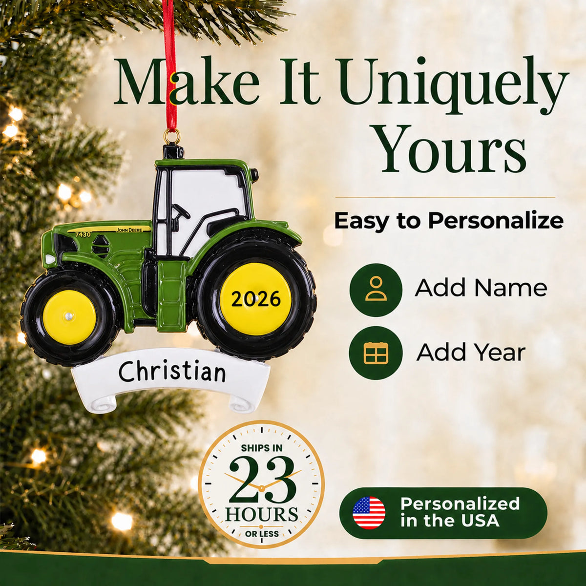 Make it yours: add name and year to the personalized green farm tractor christmas ornament