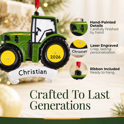 Hand-painted details and laser engraved personalization on the green farm tractor christmas ornament, ribbon included