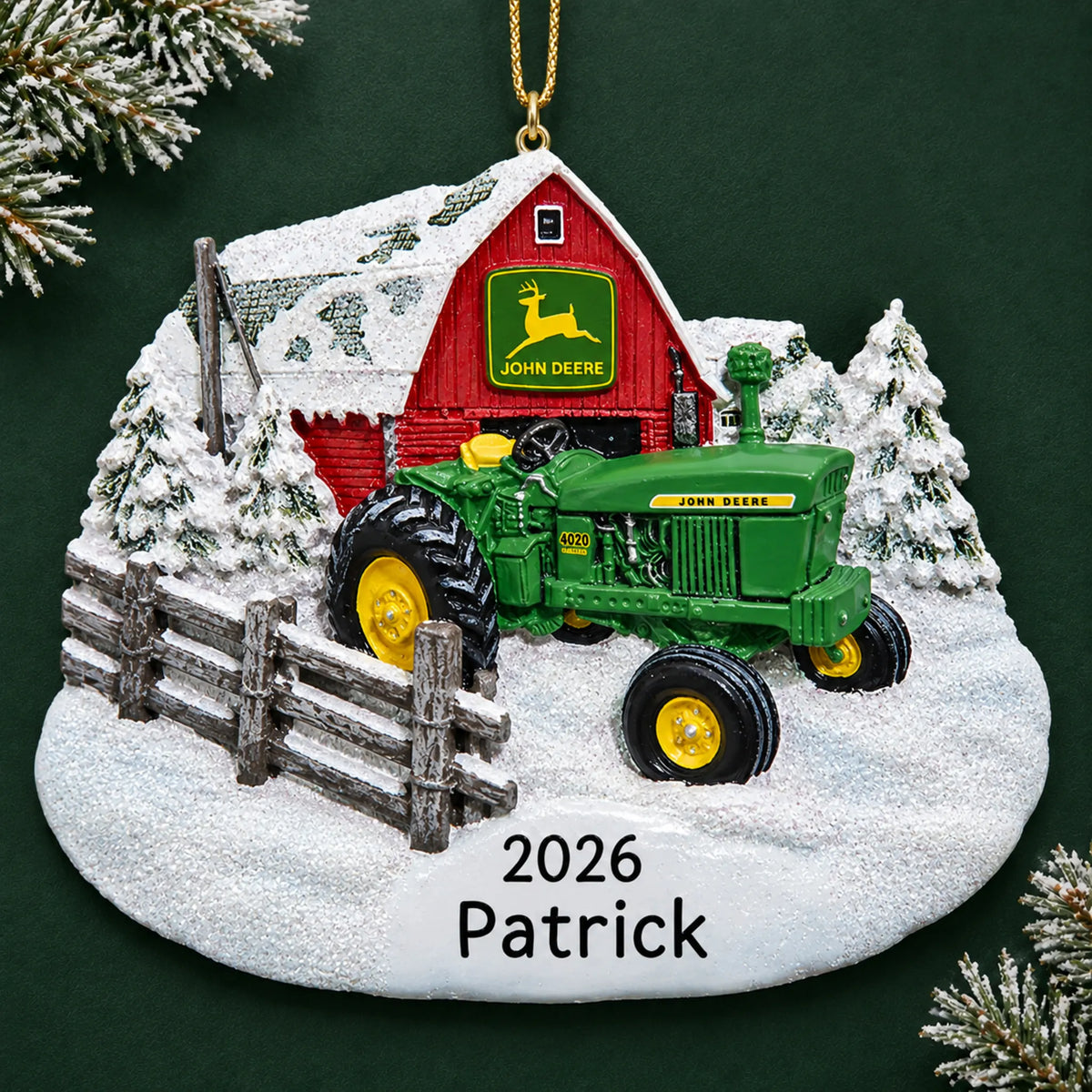 Personalized green farm tractor christmas ornament on a dark green pine background