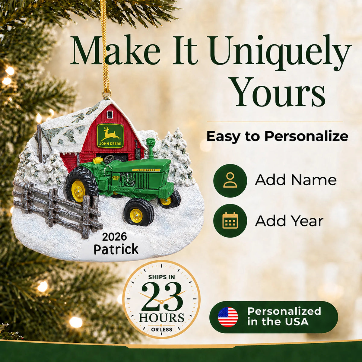 Make it yours: add name and year to the personalized green farm tractor christmas ornament