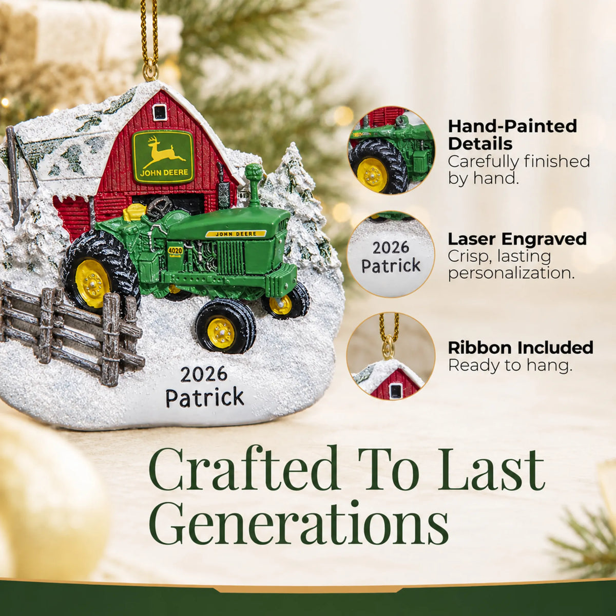 Hand-painted details and laser engraved personalization on the green farm tractor christmas ornament, ribbon included