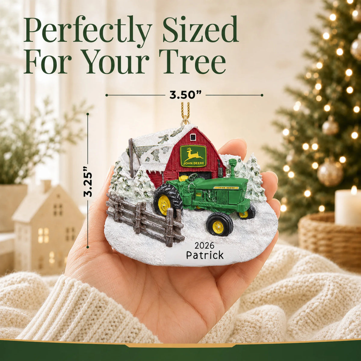 Size guide: the personalized green farm tractor christmas ornament is 3.50 in wide by 3.25 in tall, shown in hand