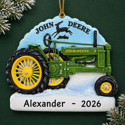 Personalized John Deere Model B Tractor christmas ornament on a dark green pine background