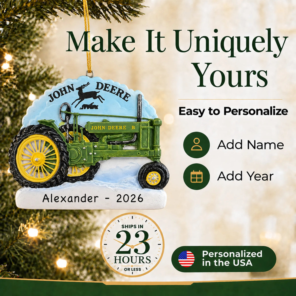 Make it yours: personalize the John Deere Model B Tractor christmas ornament