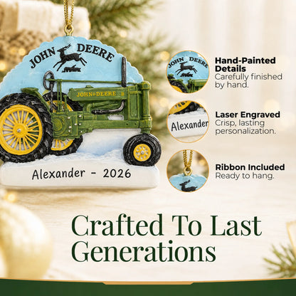 Hand-painted details and laser engraved personalization on the John Deere Model B Tractor christmas ornament, ribbon included