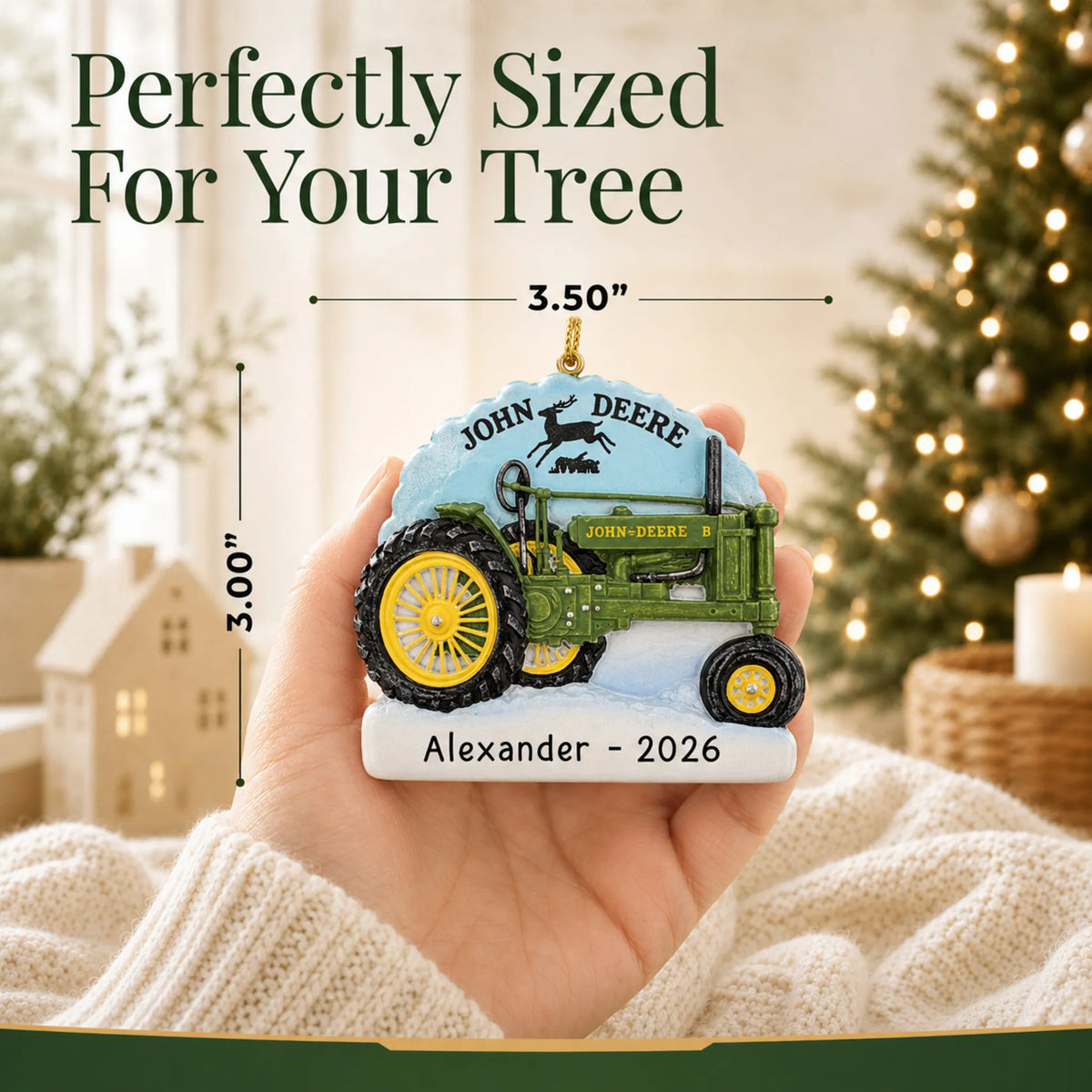 Size guide: the personalized John Deere Model B Tractor christmas ornament shown in hand next to a Christmas tree