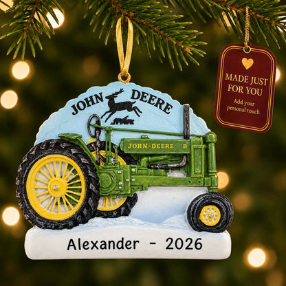 John Deere Model B Tractor christmas ornament hanging on a lit Christmas tree with a Made Just For You gift tag