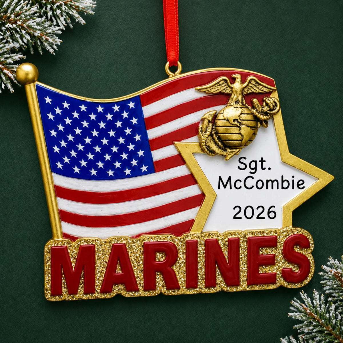 Personalized Marines U.S. flag Christmas ornament with name and year, shown on a green holiday background