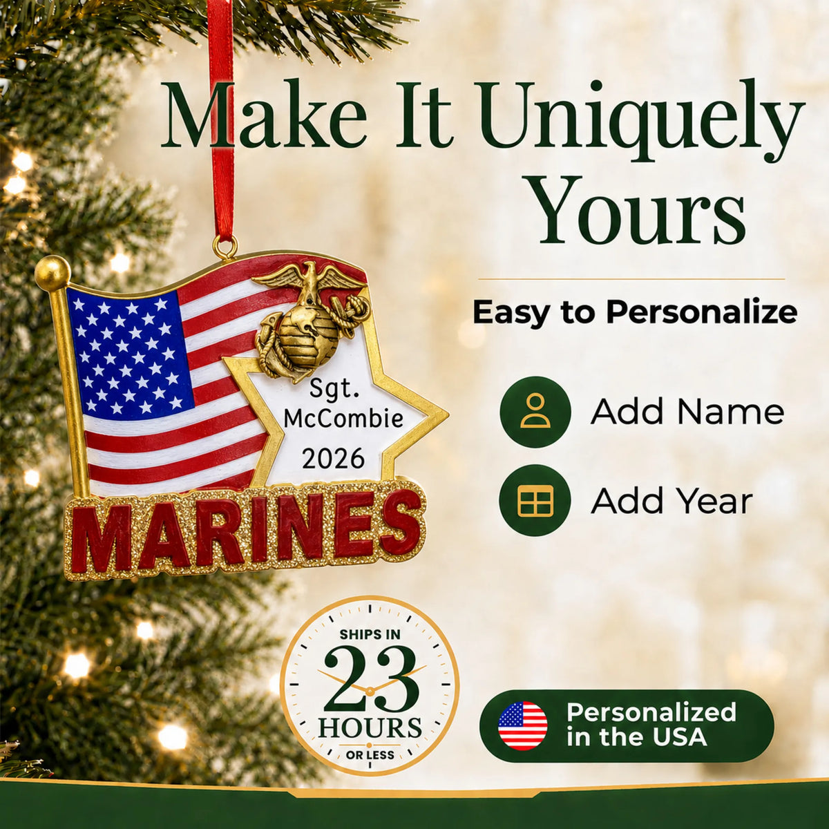 Personalize the Marines U.S. flag Christmas ornament with your details, ships in 23 hours, personalized in the USA