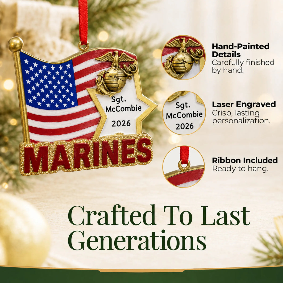 Close-up of the Marines U.S. flag Christmas ornament: hand-painted finish, laser engraving, ribbon included