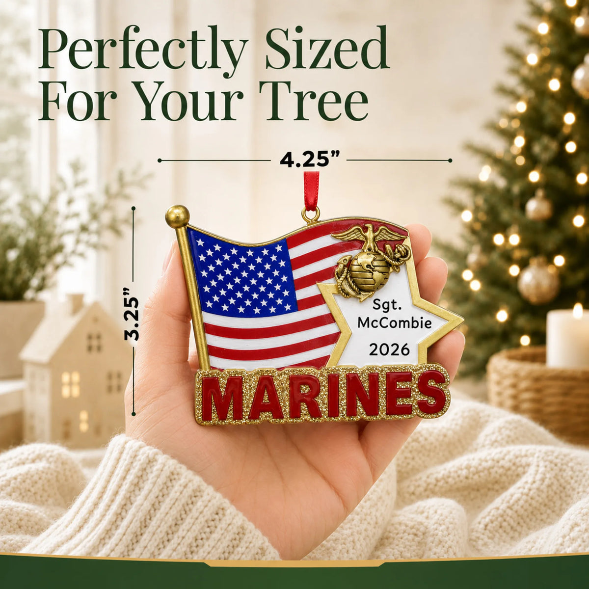 Personalized Marines U.S. flag Christmas ornament held in hand to show its size on the tree