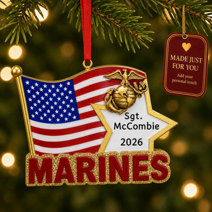 Personalized Marines U.S. flag Christmas ornament hanging among tree lights with a Made Just For You tag