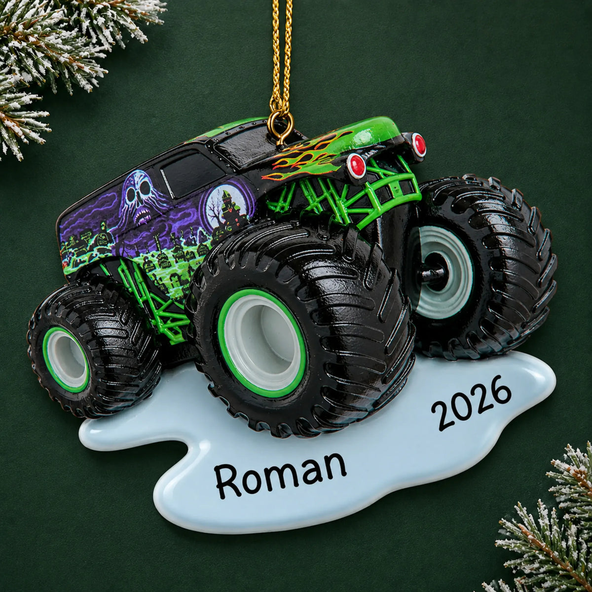 Personalized monster truck christmas ornament on a dark green pine background