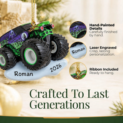 Hand-painted details and laser engraved personalization on the monster truck christmas ornament, ribbon included
