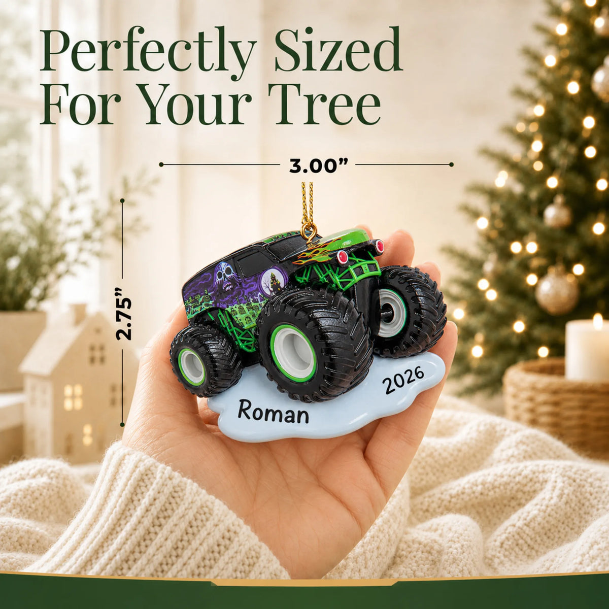 Size guide: the personalized monster truck christmas ornament is 3.00 in wide by 2.75 in tall, shown in hand