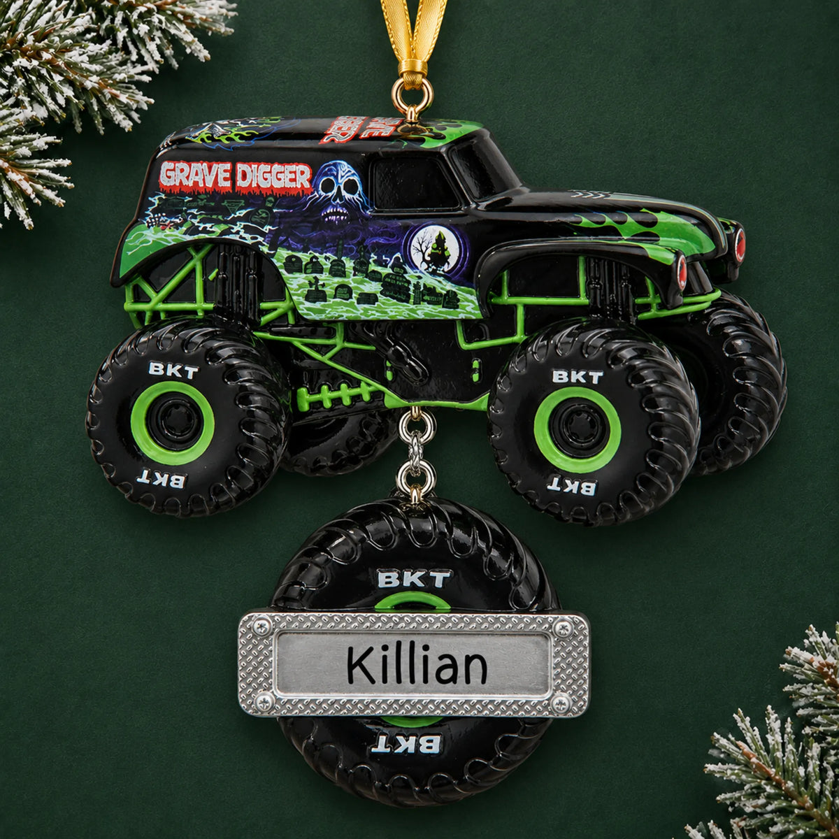 Personalized Grave Digger Monster Truck christmas ornament on a dark green pine background