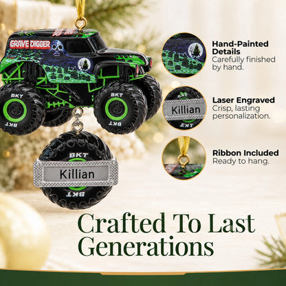 Hand-painted details and laser engraved personalization on the Grave Digger Monster Truck christmas ornament, ribbon included