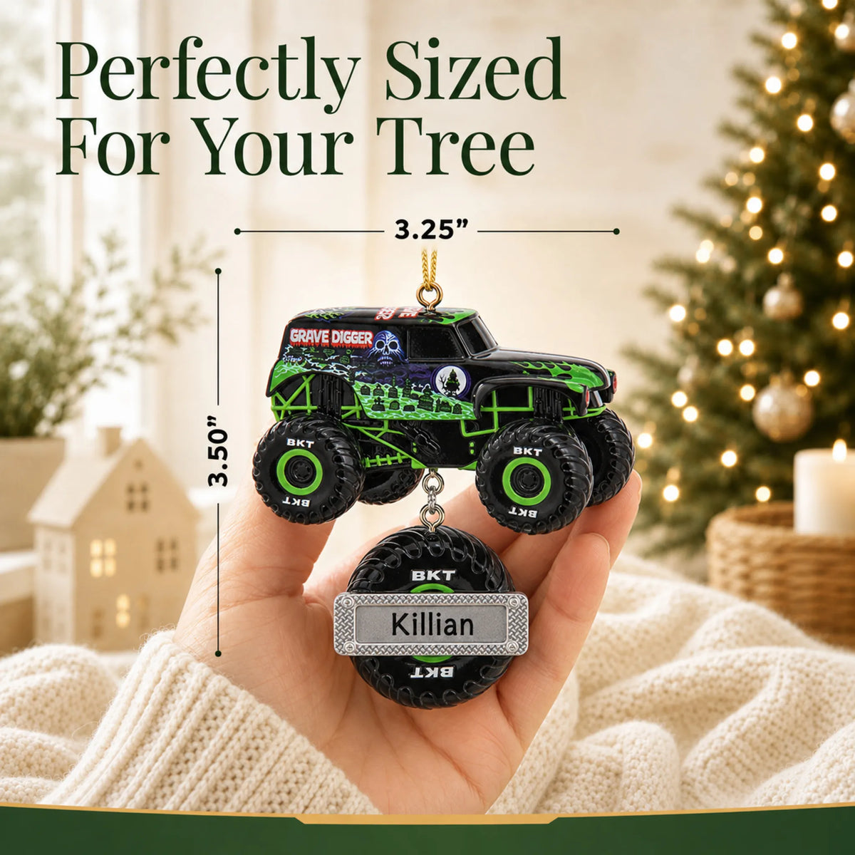 Size guide: the personalized Grave Digger Monster Truck christmas ornament is 3.25 in wide by 3.50 in tall, shown in hand