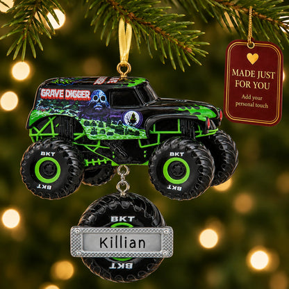 Grave Digger Monster Truck christmas ornament hanging on a lit Christmas tree with a Made Just For You gift tag