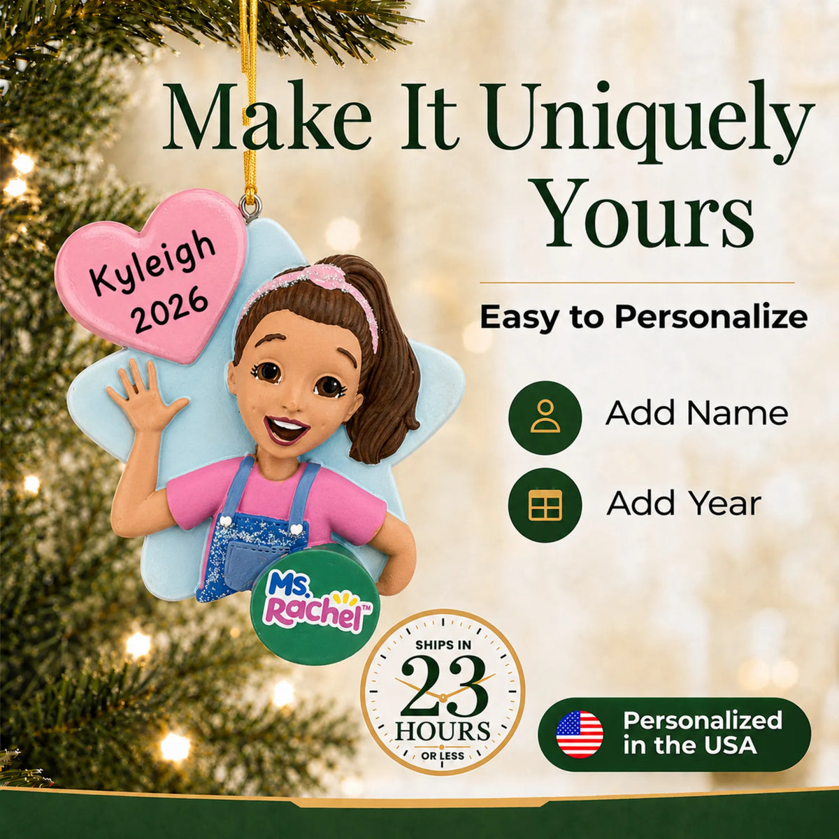 Make it yours: personalize the Ms. Rachel christmas ornament