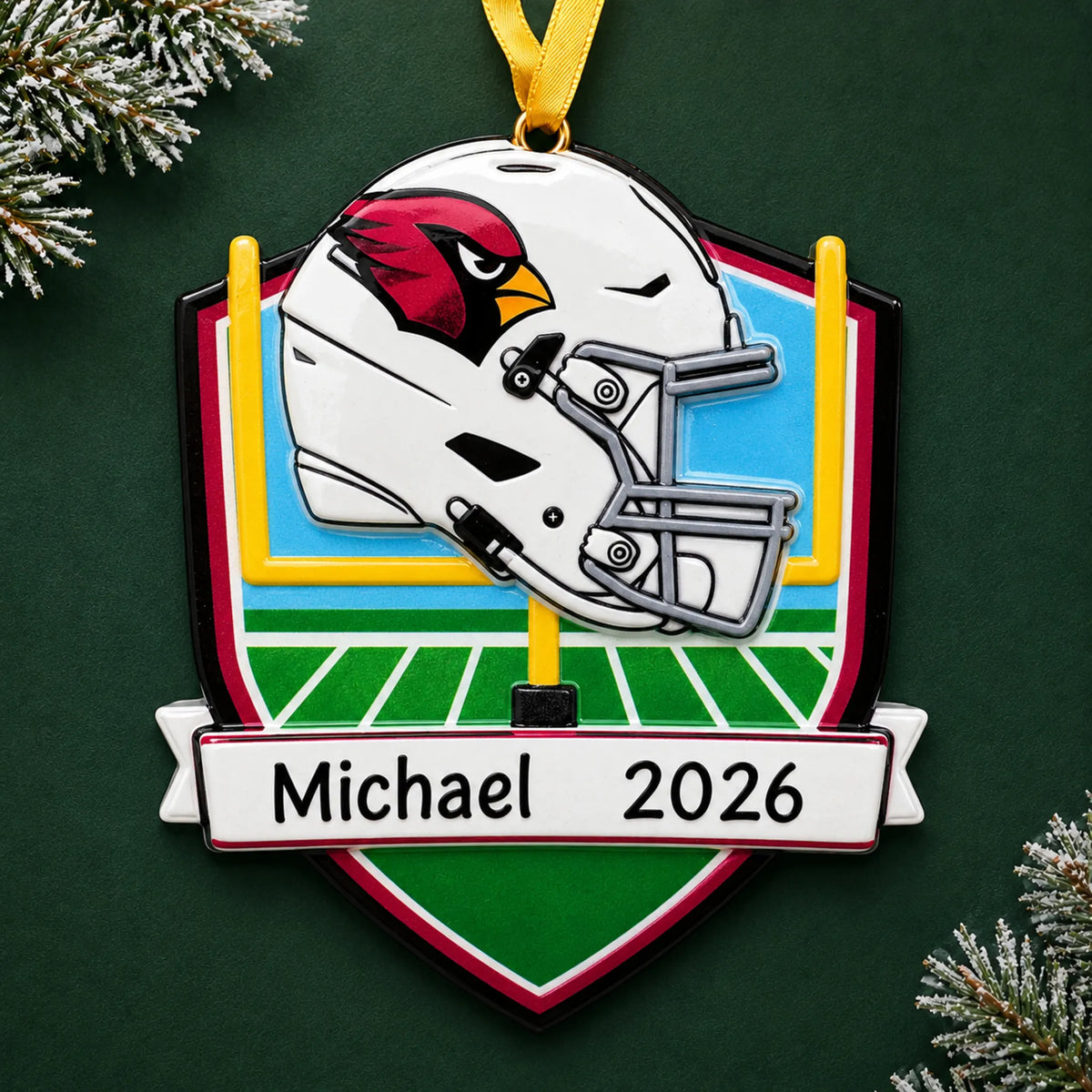 Personalized Arizona Cardinals NFL christmas ornament on a dark green pine background