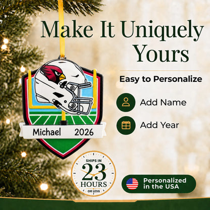 Make it yours: add name and year to the personalized Arizona Cardinals NFL christmas ornament