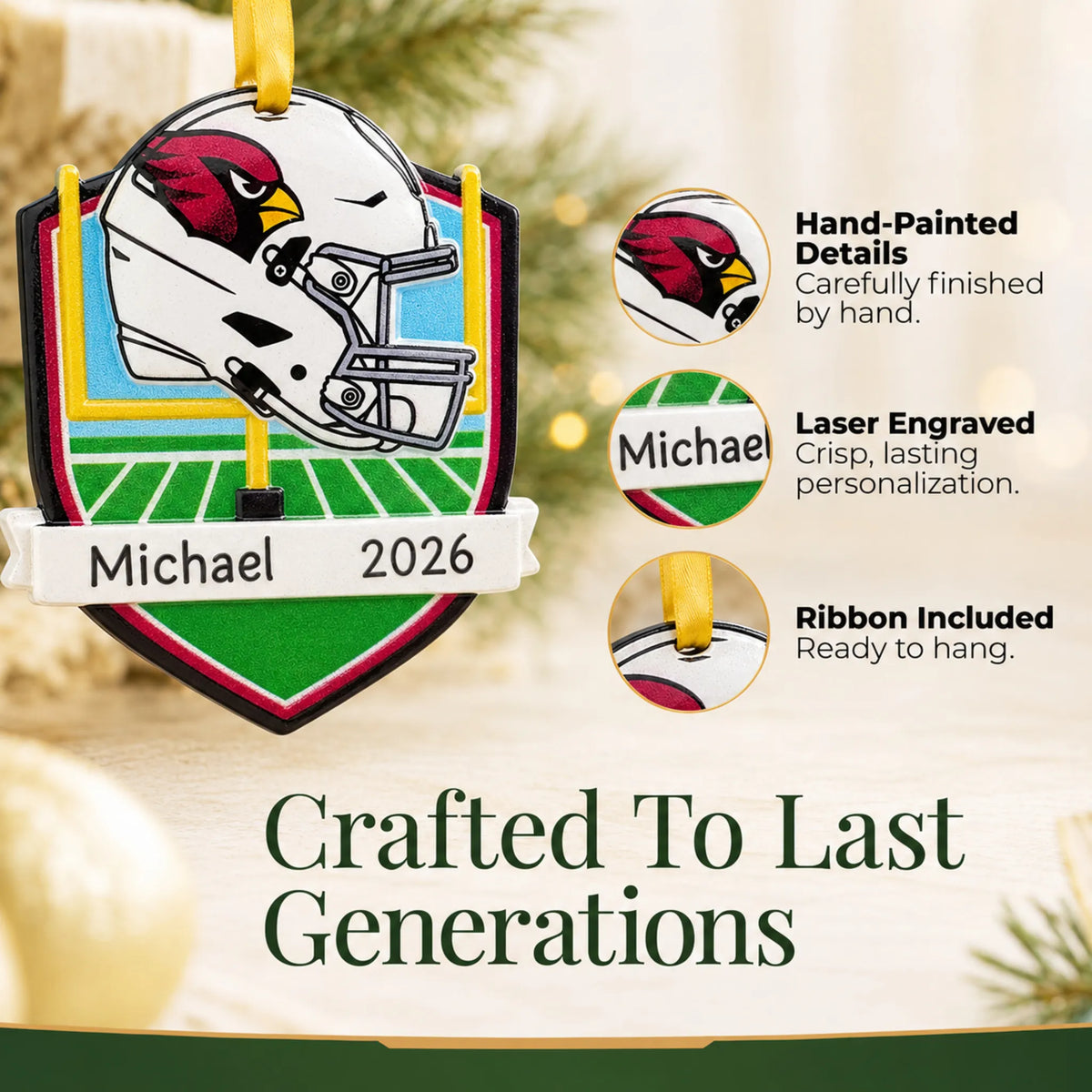 Hand-painted details and laser engraved personalization on the Arizona Cardinals NFL christmas ornament, ribbon included