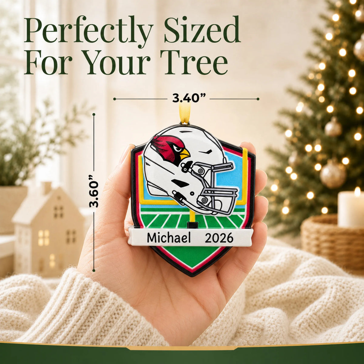 Size guide: the personalized Arizona Cardinals NFL christmas ornament is 3.40 in wide by 3.60 in tall, shown in hand