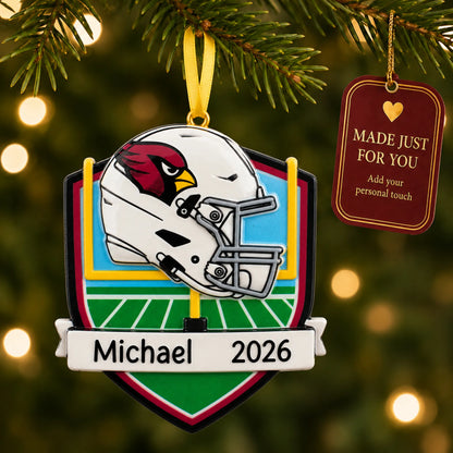 Arizona Cardinals NFL christmas ornament hanging on a lit Christmas tree with a Made Just For You gift tag