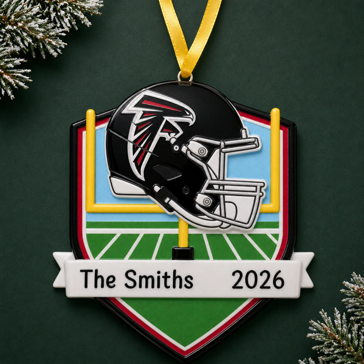 Personalized Atlanta Falcons NFL christmas ornament on a dark green pine background
