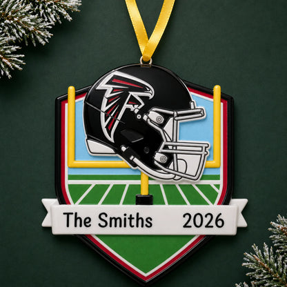 Personalized Atlanta Falcons NFL christmas ornament on a dark green pine background
