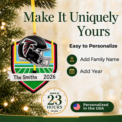 Make it yours: add name and year to the personalized Atlanta Falcons NFL christmas ornament