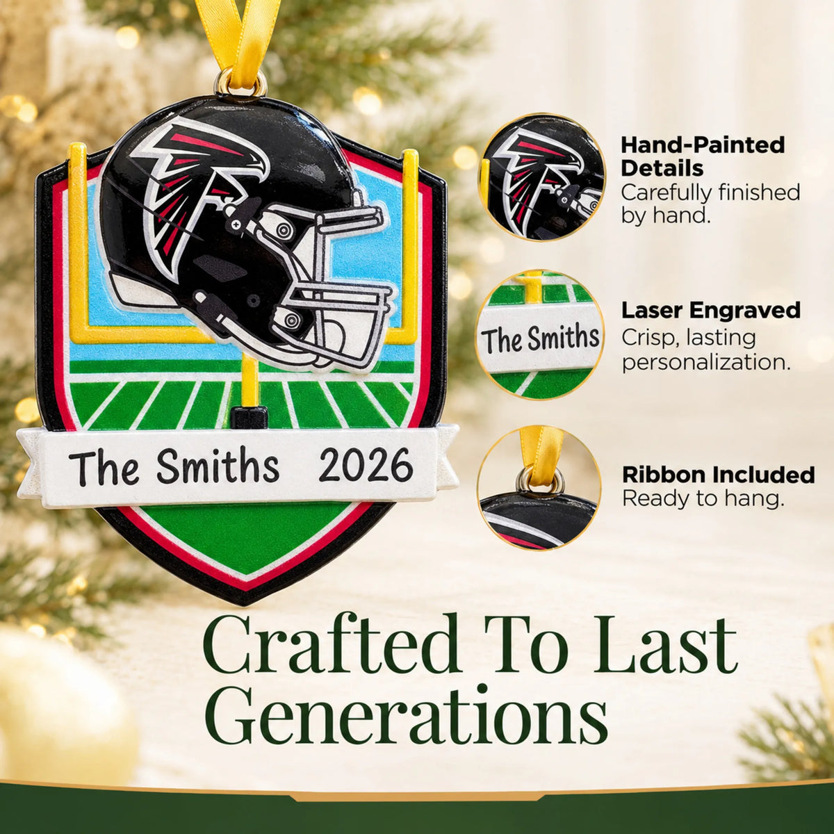 Hand-painted details and laser engraved personalization on the Atlanta Falcons NFL christmas ornament, ribbon included