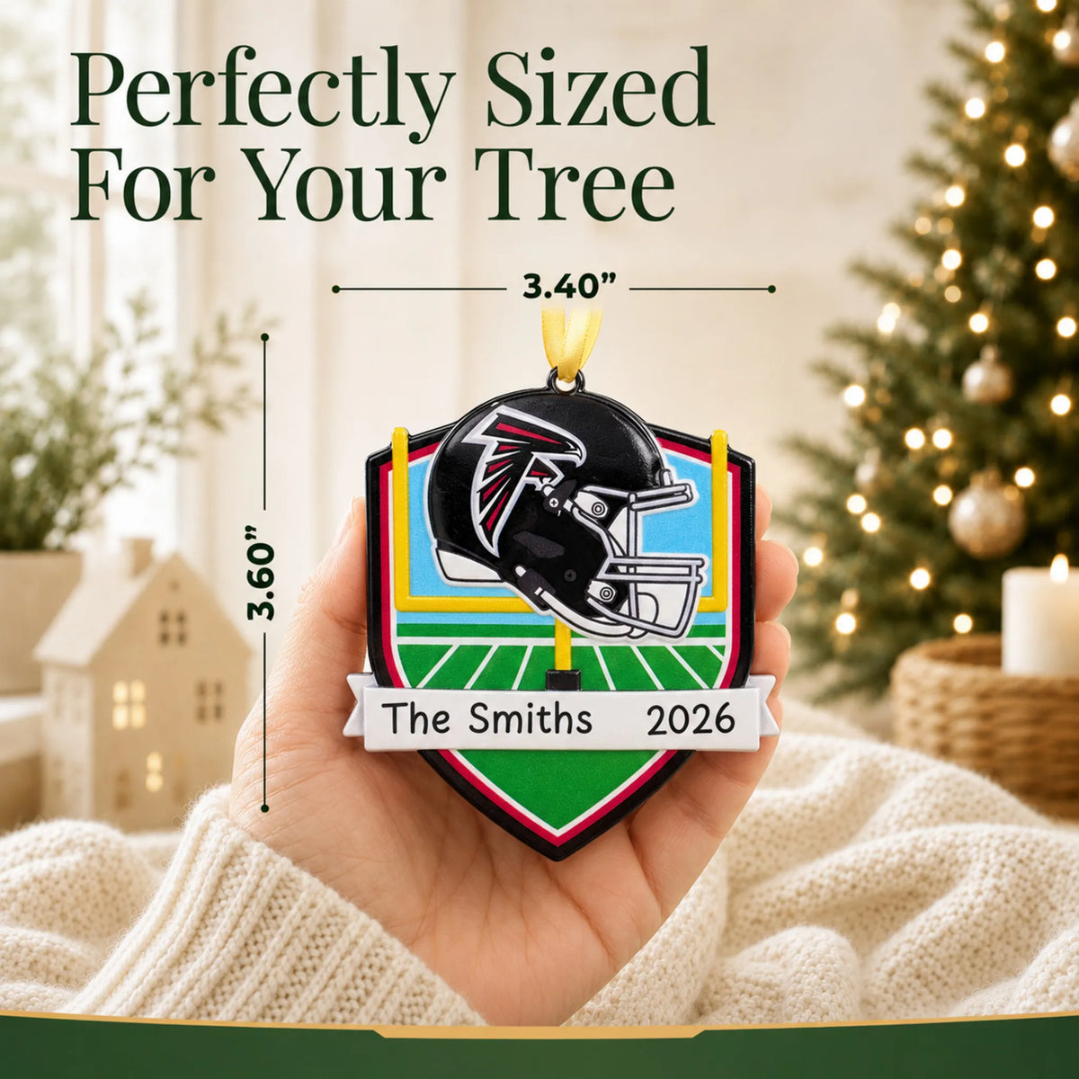 Size guide: the personalized Atlanta Falcons NFL christmas ornament is 3.40 in wide by 3.60 in tall, shown in hand