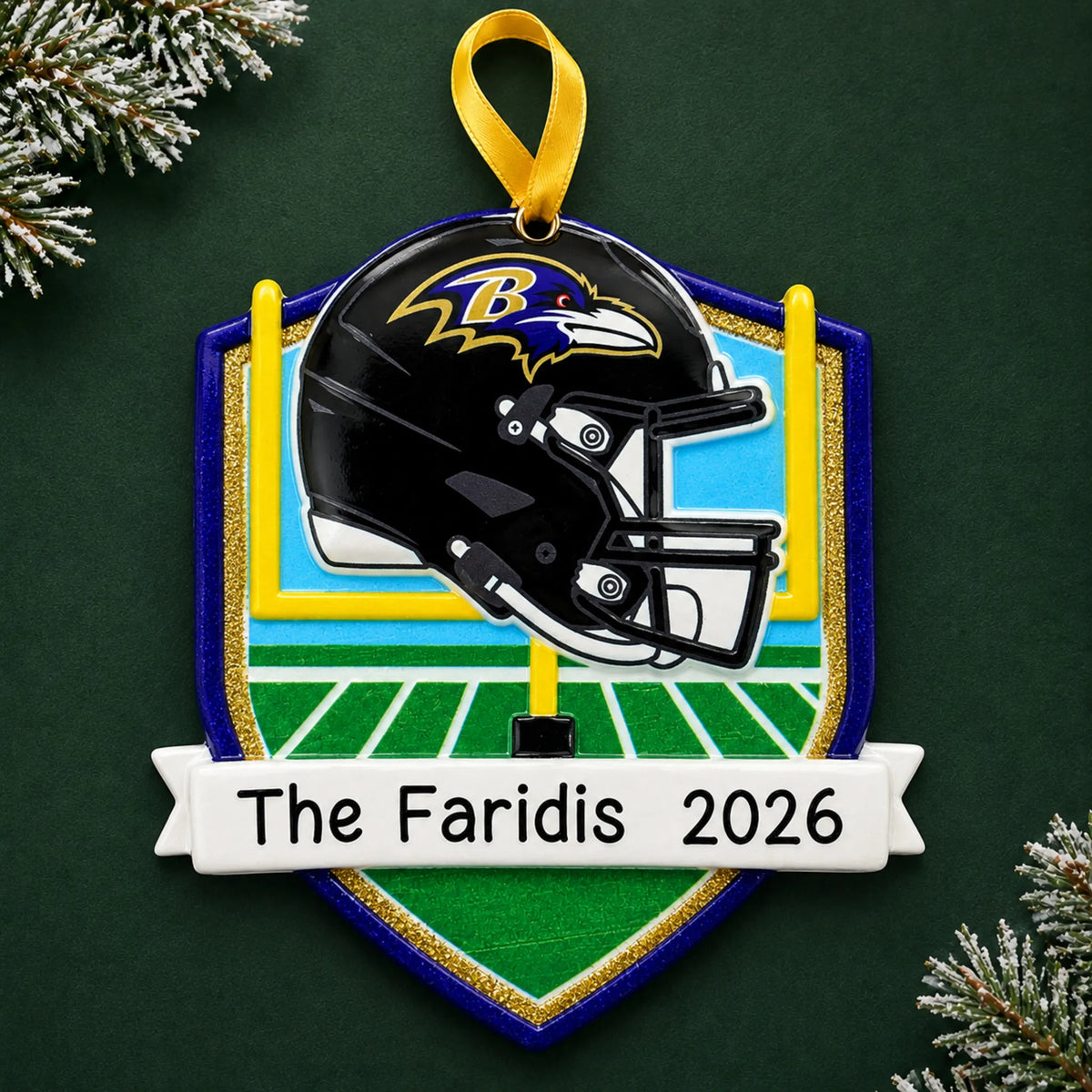 Personalized Baltimore Ravens NFL christmas ornament on a dark green pine background