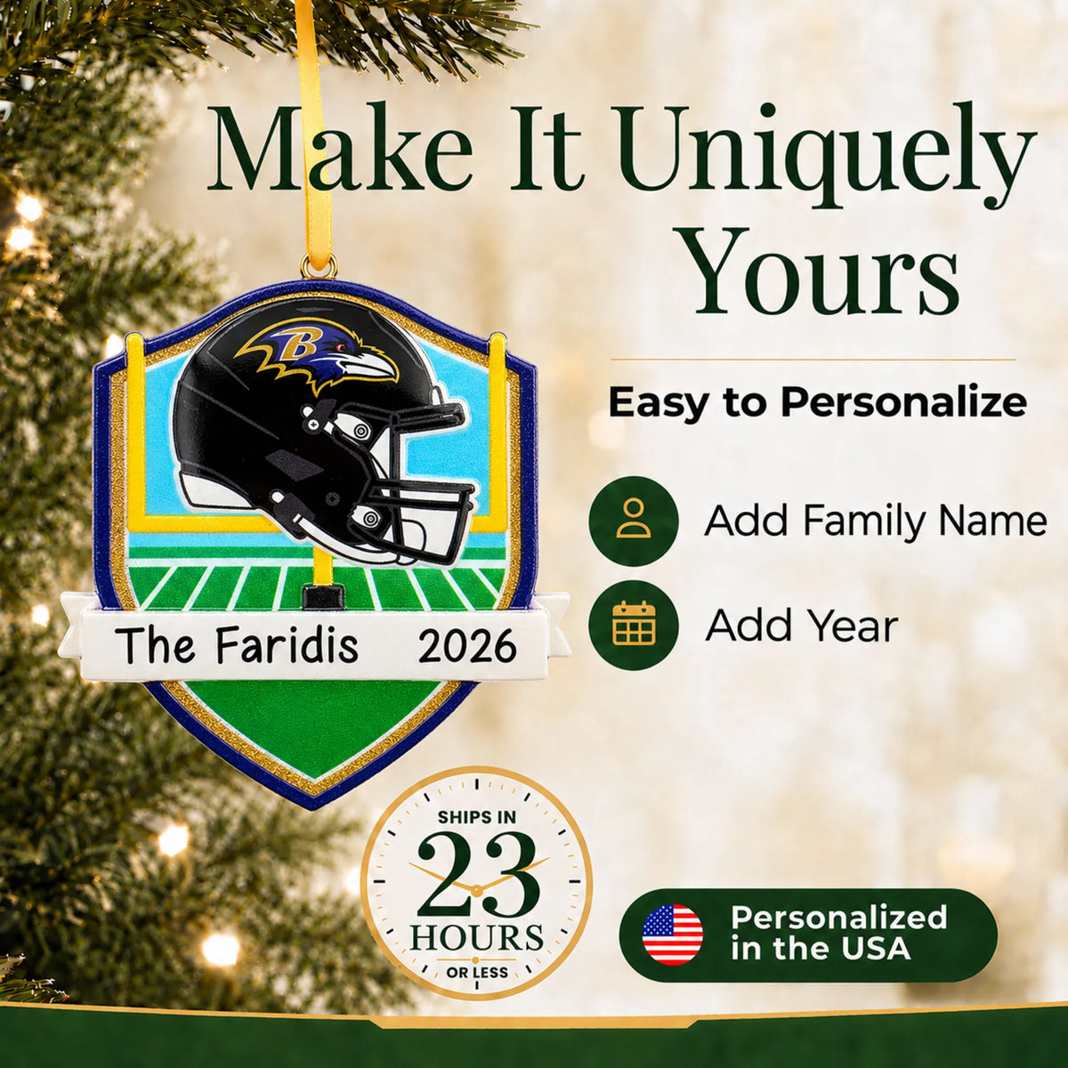 Make it yours: add name and year to the personalized Baltimore Ravens NFL christmas ornament