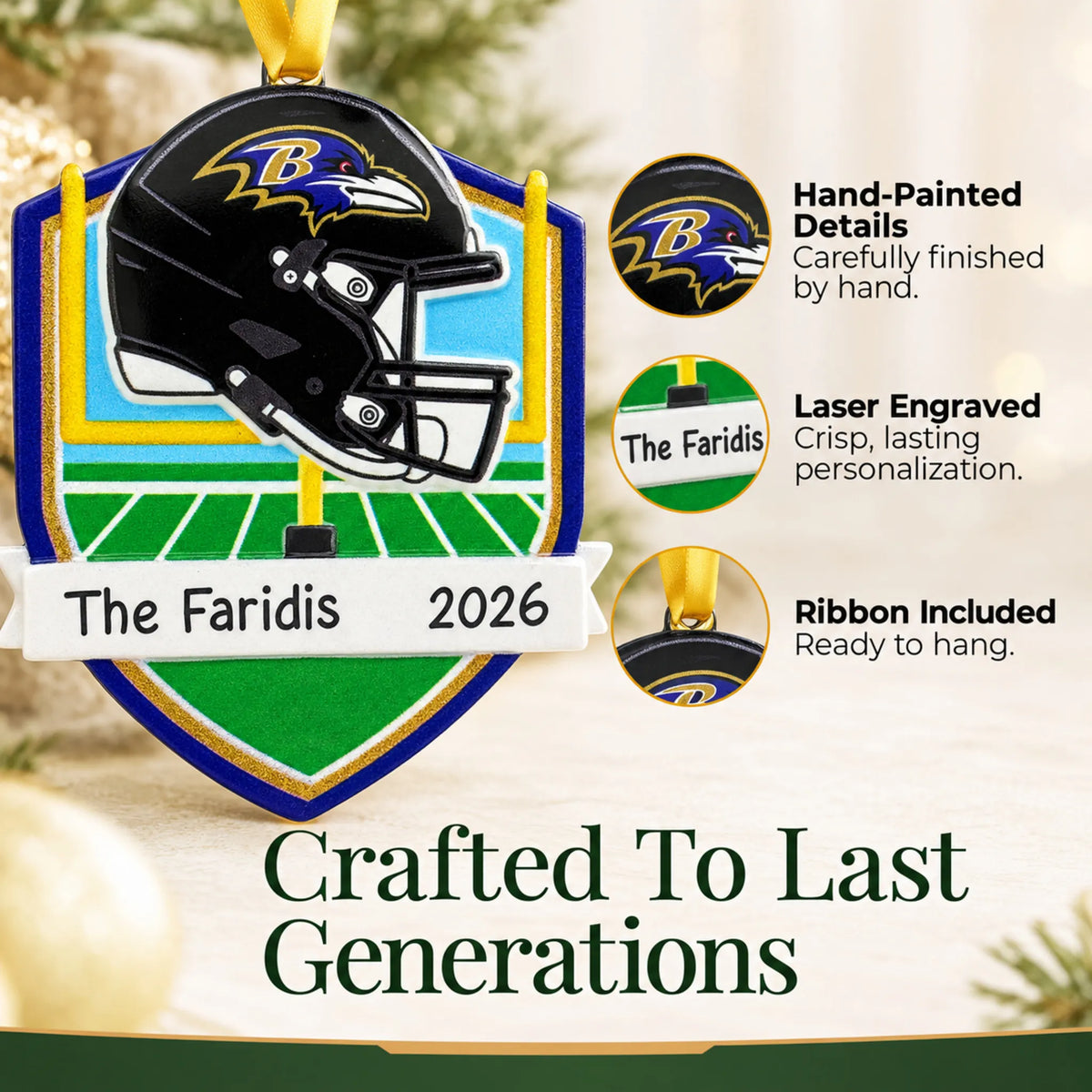 Hand-painted details and laser engraved personalization on the Baltimore Ravens NFL christmas ornament, ribbon included