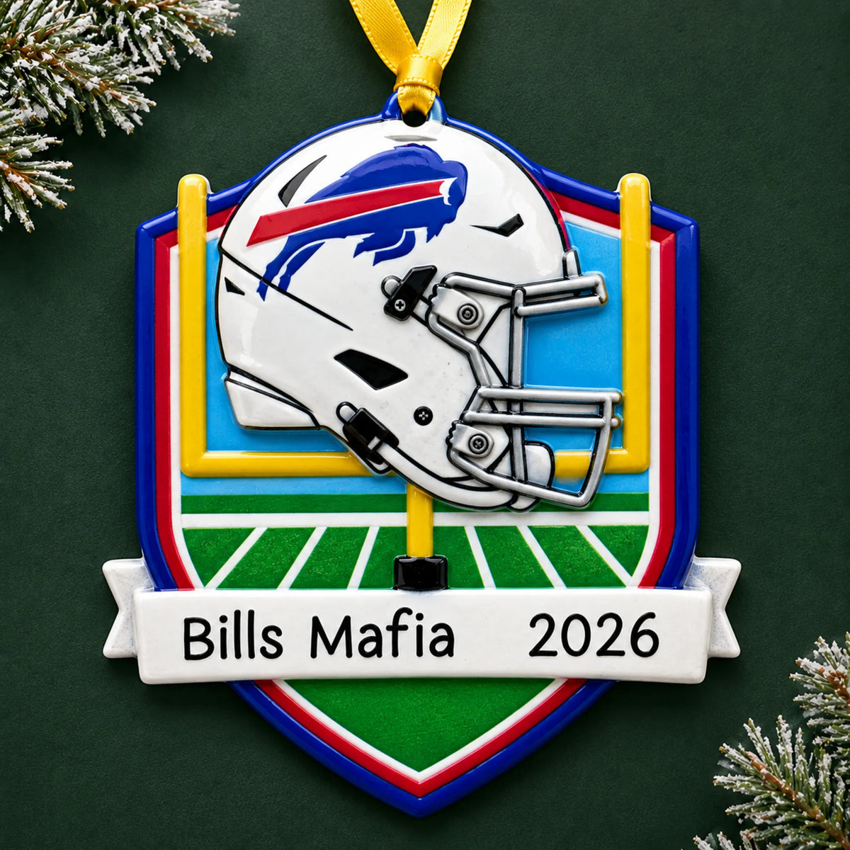 Personalized Buffalo Bills NFL christmas ornament on a dark green pine background