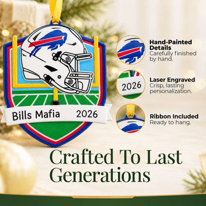 Hand-painted details and laser engraved personalization on the Buffalo Bills NFL christmas ornament, ribbon included