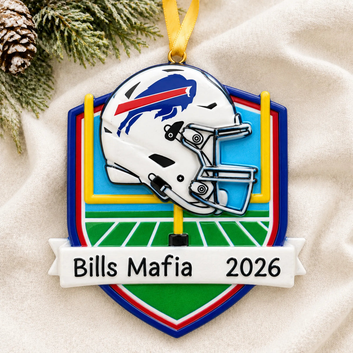 Personalized Buffalo Bills NFL christmas ornament laid on a soft white knit blanket