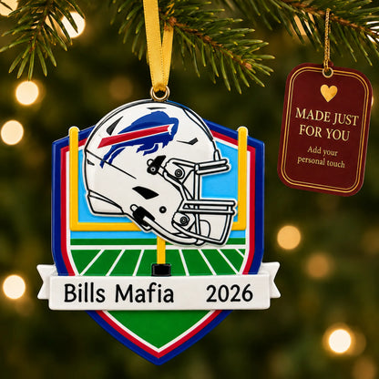 Buffalo Bills NFL christmas ornament hanging on a lit Christmas tree with a Made Just For You gift tag