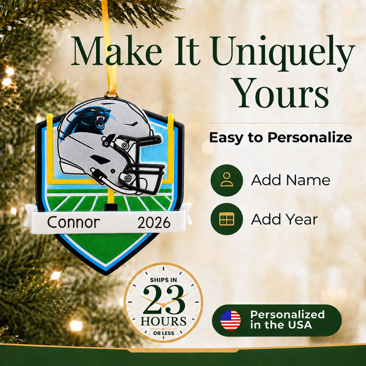 Make it yours: add name and year to the personalized Carolina Panthers NFL christmas ornament