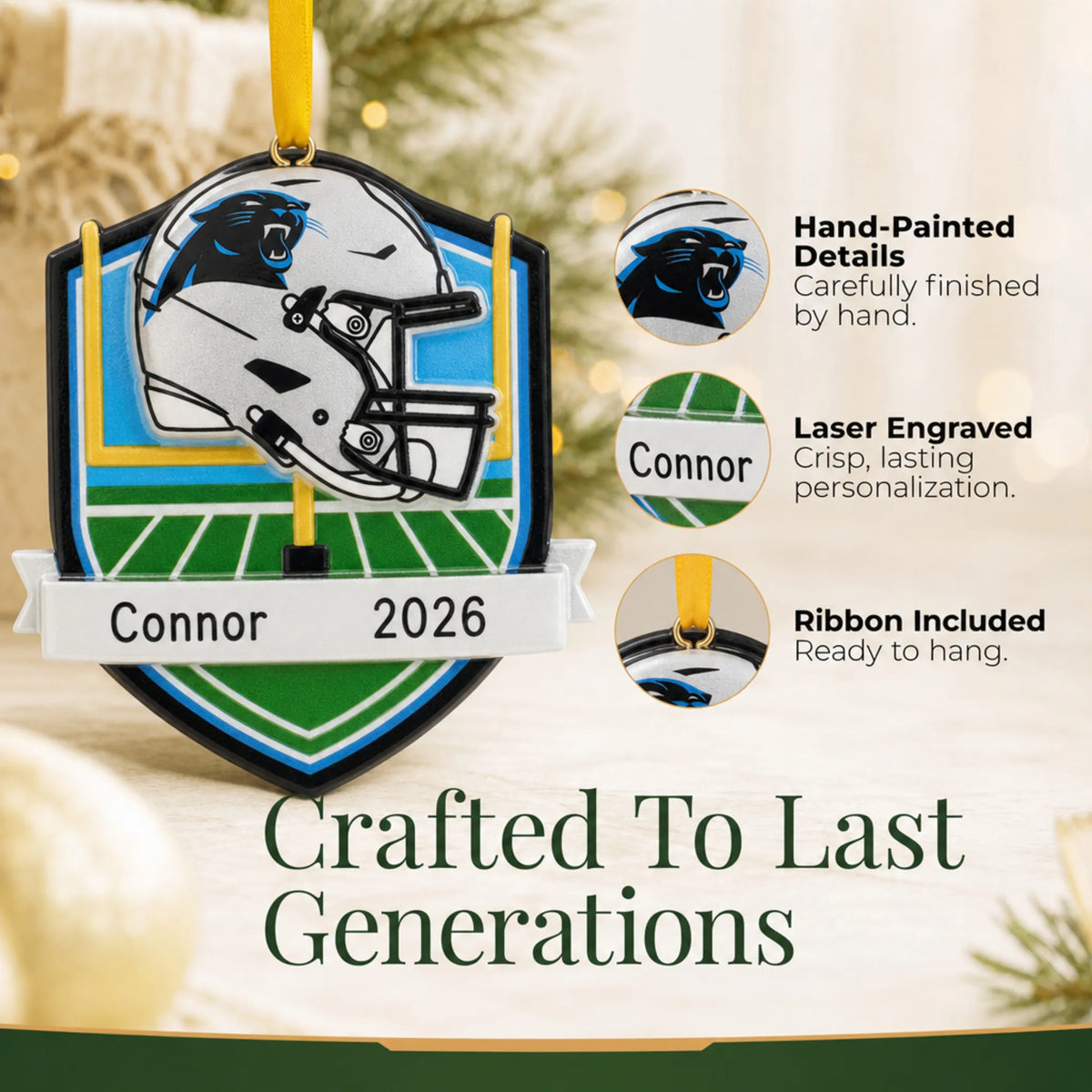 Hand-painted details and laser engraved personalization on the Carolina Panthers NFL christmas ornament, ribbon included
