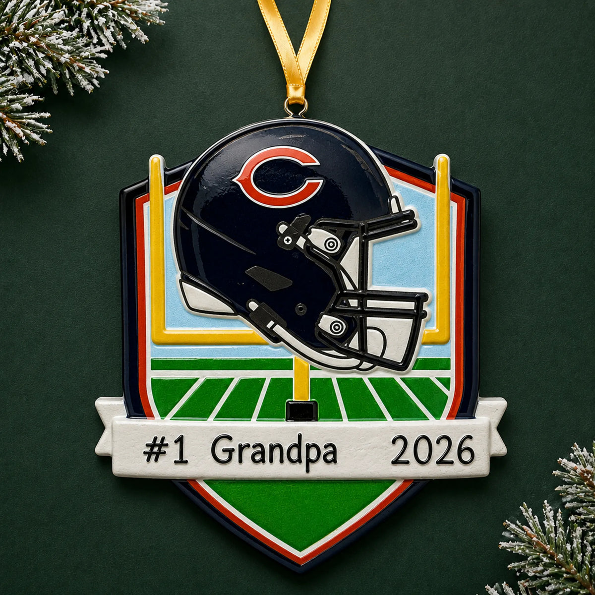 Personalized Chicago Bears NFL christmas ornament on a dark green pine background