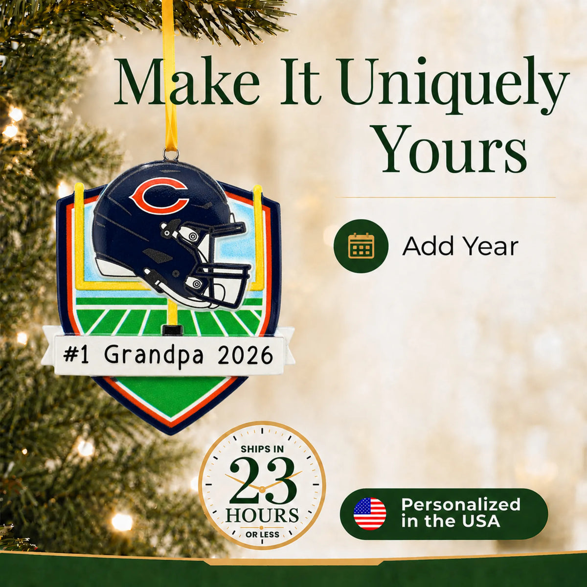 Make it yours: add year to the personalized Chicago Bears NFL christmas ornament