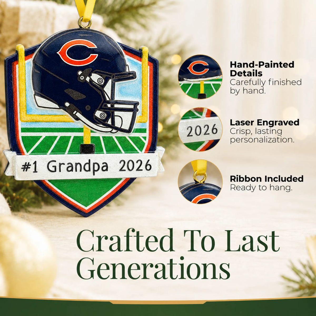 Hand-painted details and laser engraved personalization on the Chicago Bears NFL christmas ornament, ribbon included