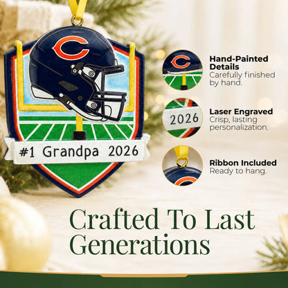 Hand-painted details and laser engraved personalization on the Chicago Bears NFL christmas ornament, ribbon included